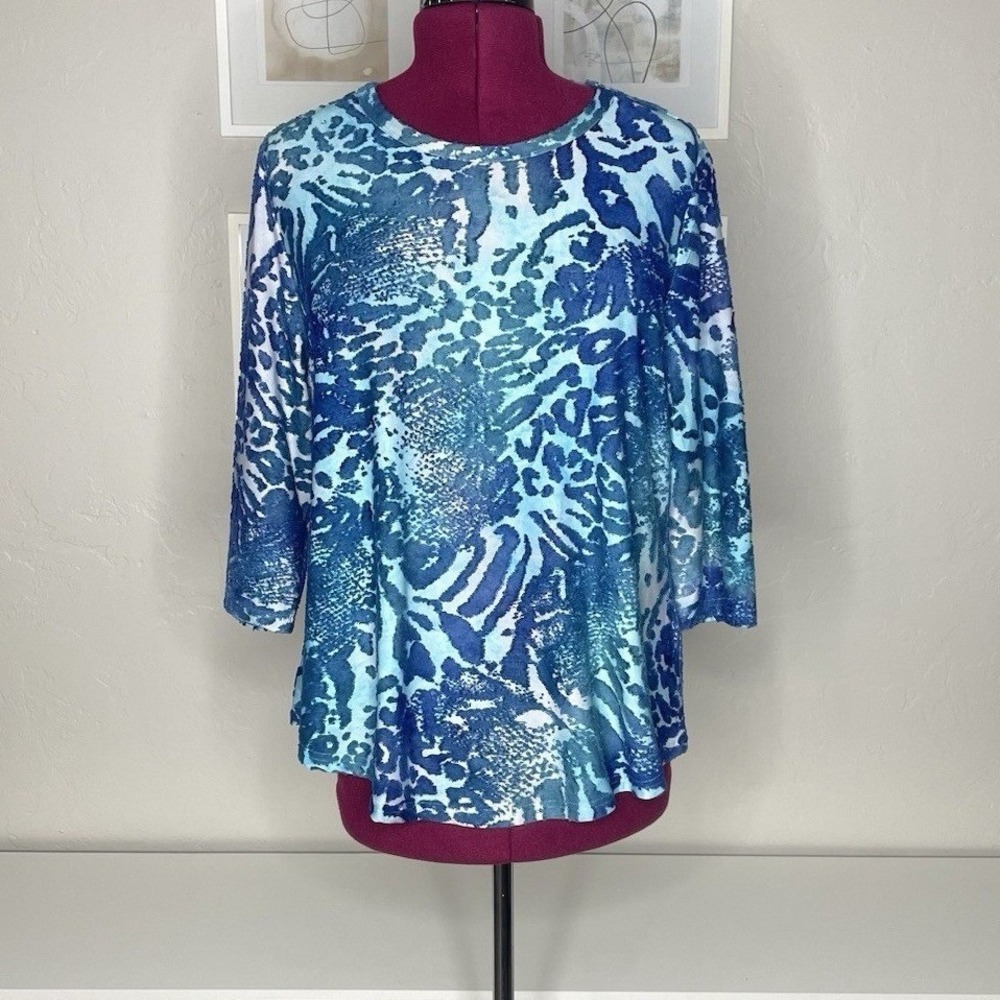 Calessa Blouse Women's PXL Blue Animal Print 3/4 Sleeve Burnout Crew Neck Top